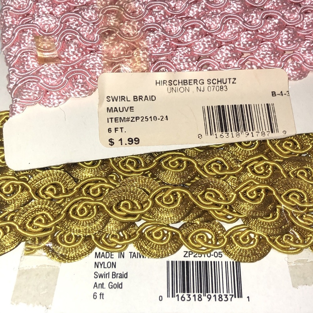 Lot 5 New Decorative Trim Hirschberg Schutz 6 Ft Ea Mauve Gold Black Swirl Braid - Picture 7 of 9